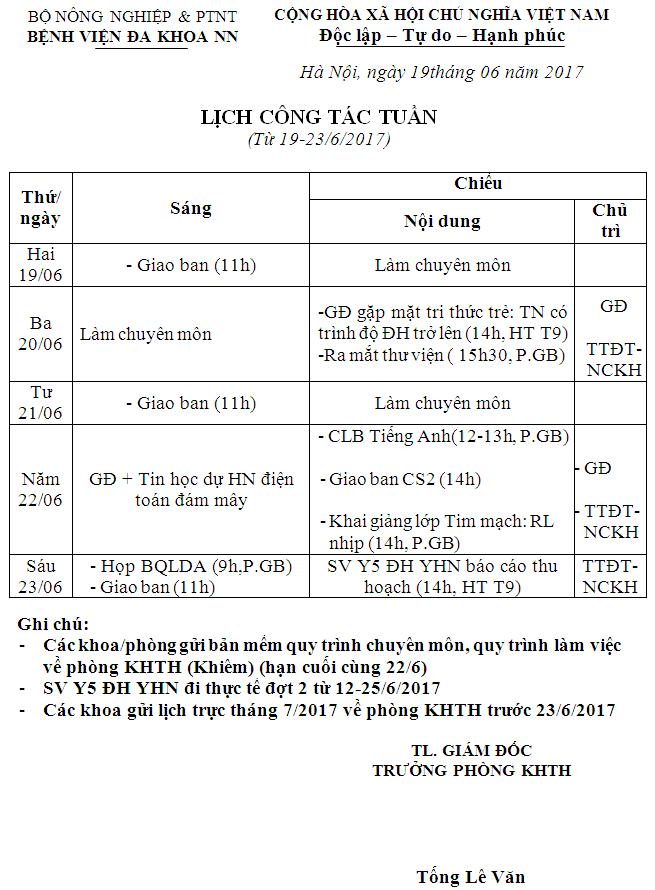 Lịch công tác tuần (từ 19 đến 23/6/2017)