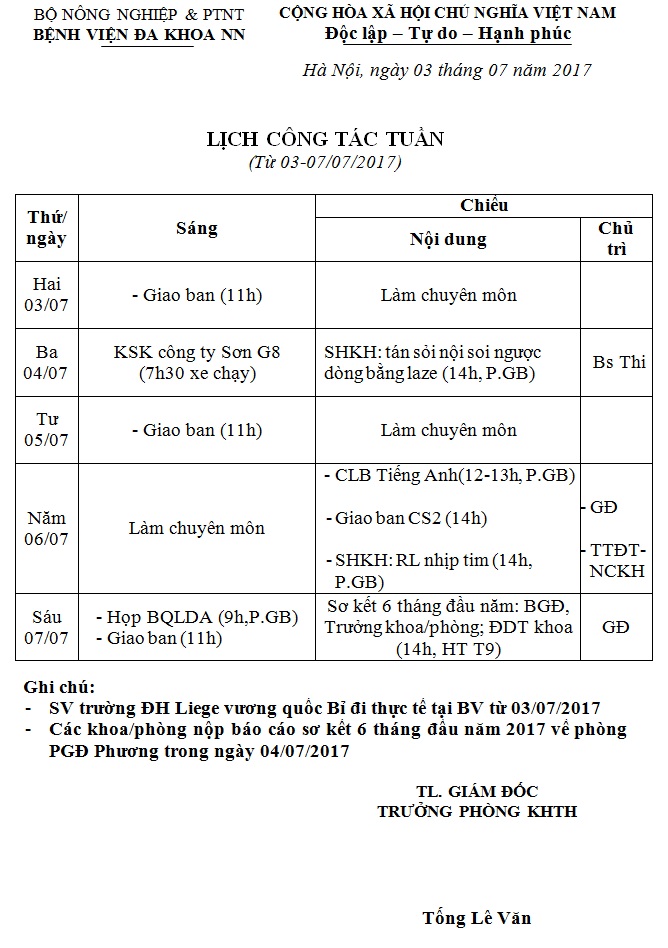 Lịch công tác tuần (từ ngày 03 đến 07/7/2017)