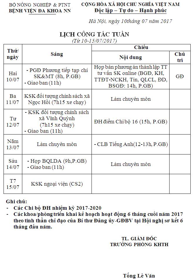 Lịch công tác tuần (từ ngày 10 đến 14/7/2017)