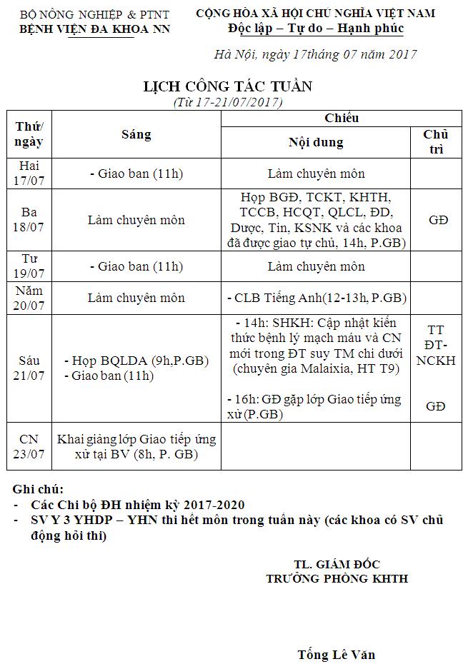 Lịch công tác tuần (từ ngày 17 đến 21/7/2017)