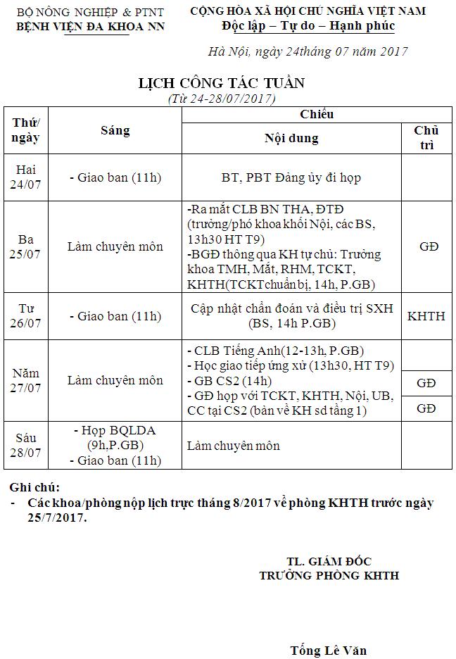 Lịch công tác tuần (từ ngày 24 đến 28/7/2017)