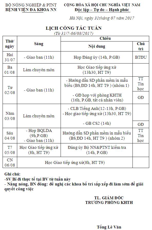 Lịch công tác tuần (từ ngày 31/7/2017 đến 06/8/2017)