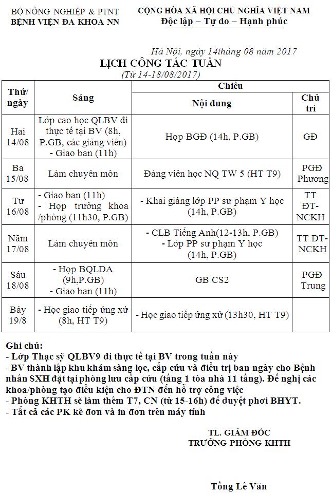 Lịch công tác tuần (từ ngày 14 đến 18/8/2017)