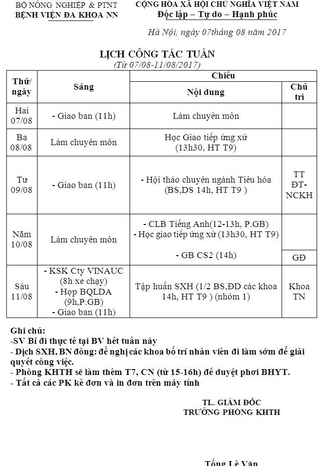 Lịch Công Tác Tuần Từ Ngày 07 đến 1182017 Bệnh Viện Đa Khoa Nông Nghiệp