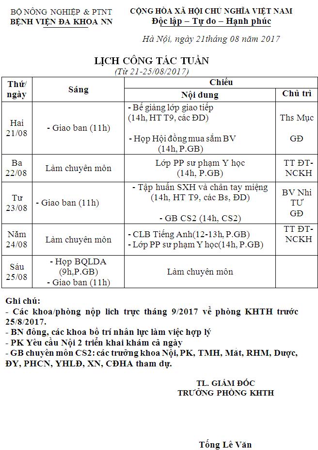 Lịch công tác tuần (từ 21 đến 25/8/2017)