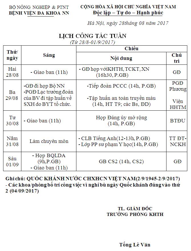 Lịch công tác tuần (28/8/2017 đến 01/9/2017)