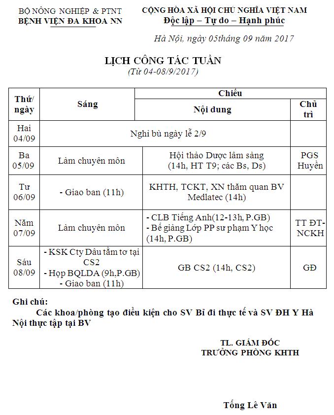 Lịch công tác tuần (từ ngày 05 đến 08/9/2017)