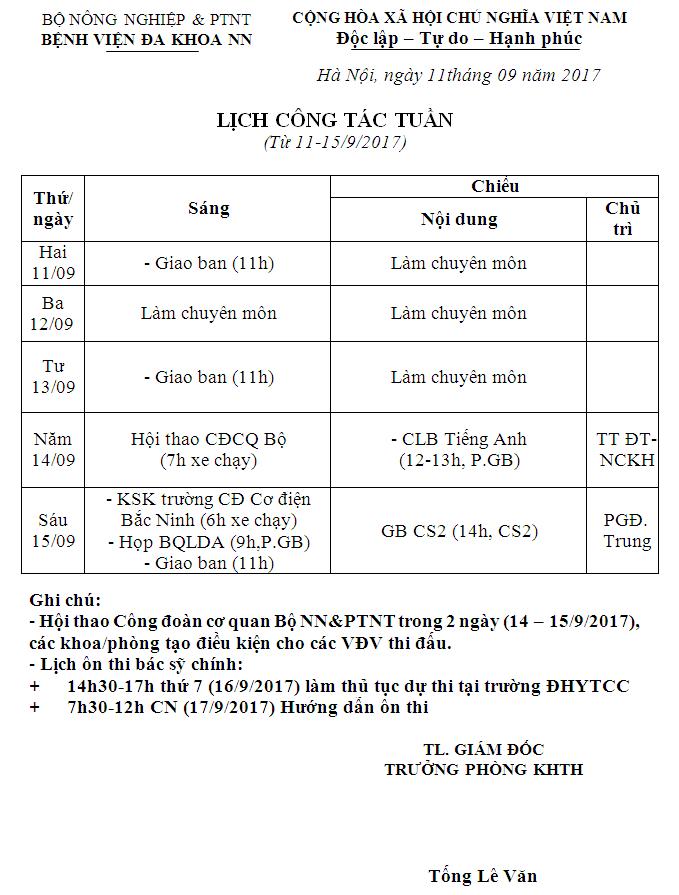 Lịch công tác tuần (từ ngày 11 đến 15/9/2017