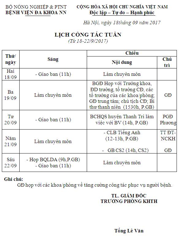 Lịch công tác tuần (từ ngày 18 đến 22/9/2017)