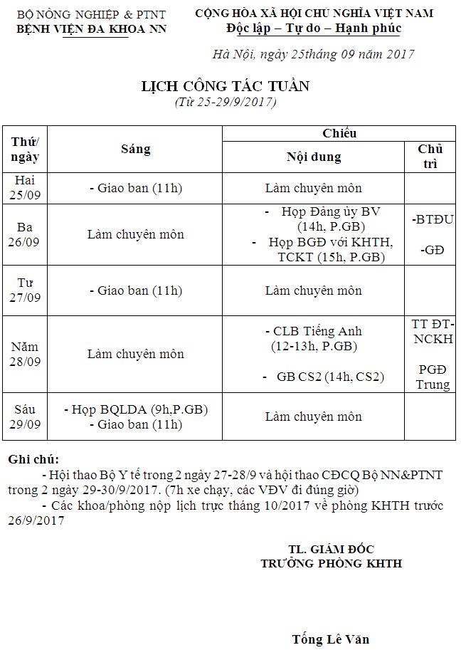 Lịch công tác tuần (từ ngày 25 đến 29/9/2017)