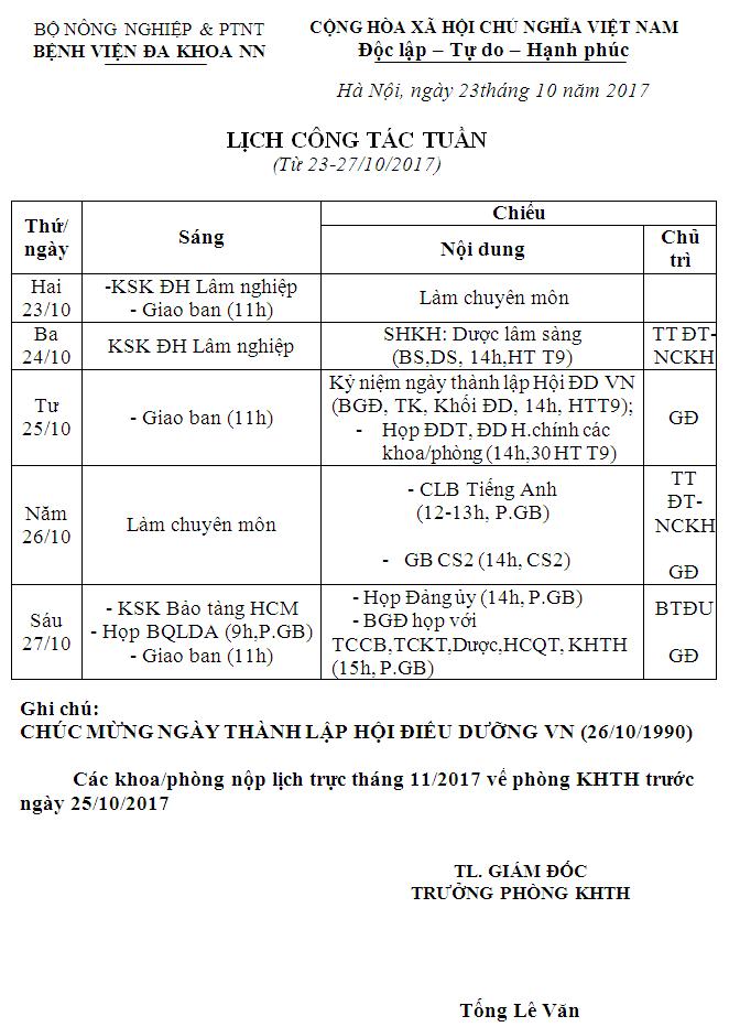 Lịch công tác tuần (từ ngày 23 đến 27/10/2017)