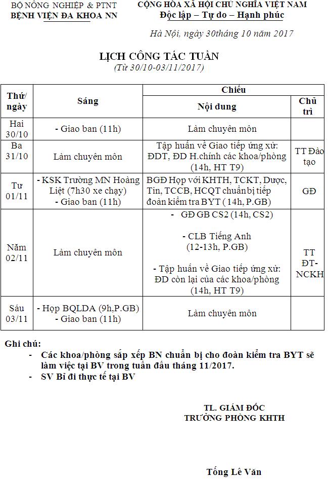 Lịch công tác tuần (từ ngày 30/10/2017 đến 03/11/2017)