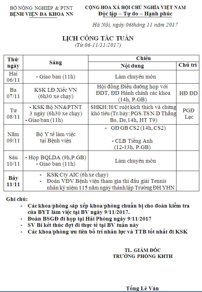 Lịch công tác tuần (từ ngày 06 – 11/11/2017)