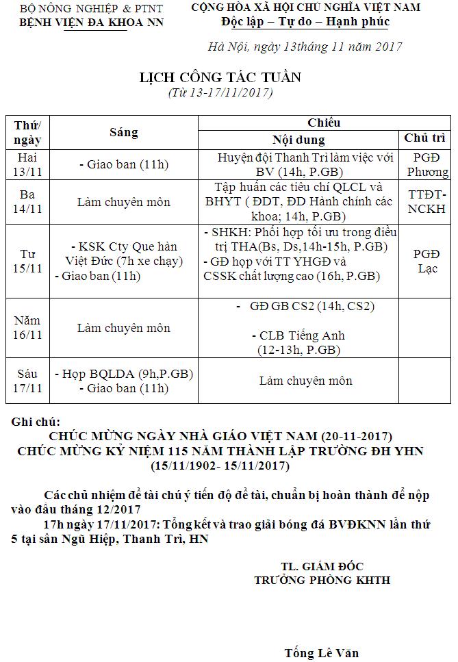 Lịch công tác tuần (từ 13 đến 17/11/2017)