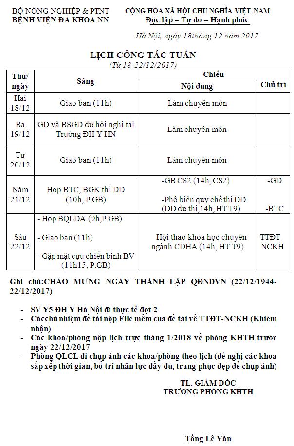 Lịch công tác tuần (từ ngày 18 đến 22/12/2017)