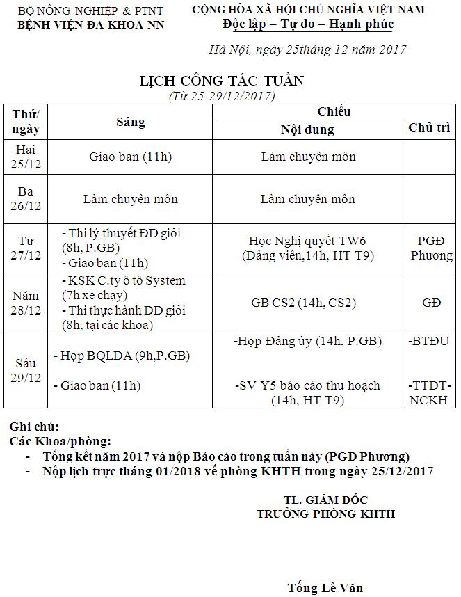 Lịch công tác tuần (từ ngày 25 đến 29/12/2017)