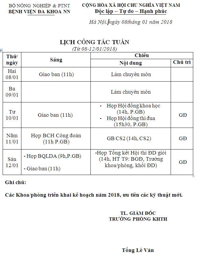 Lịch công tác tuần (từ ngày 08 đến 12/1/2018)