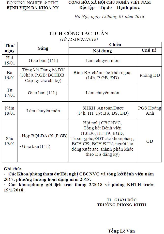 Lịch công tác tuần (từ ngày 15 đến 19/1/2018)