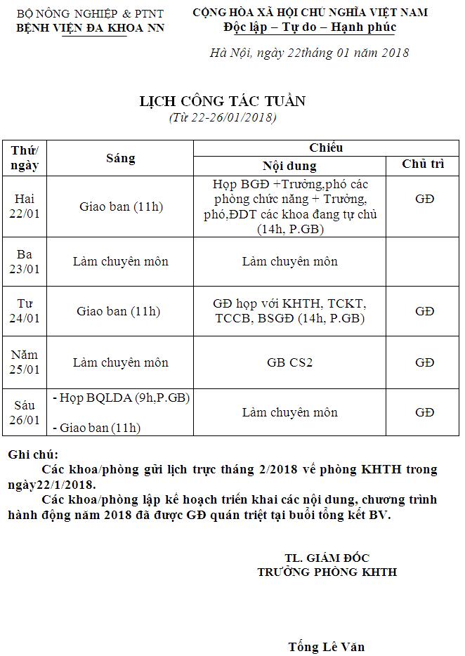 Lịch công tác tuần (từ ngày 22 đến 26/1/2018)