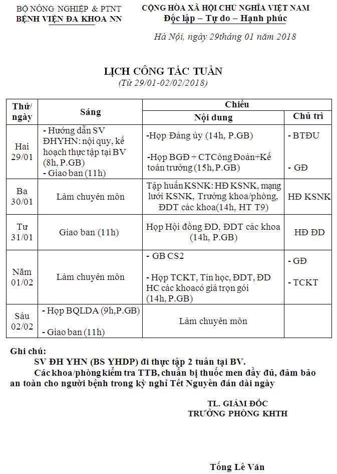 Lịch công tác tuần (từ ngày 29/1/2018 đến 02/2/2018)