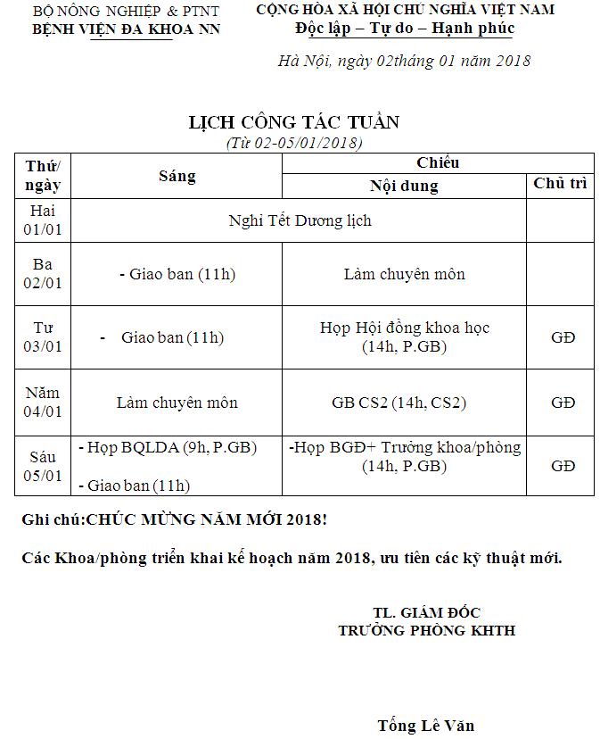 Lịch công tác tuần (từ ngày 01 đến 05/01/2018)