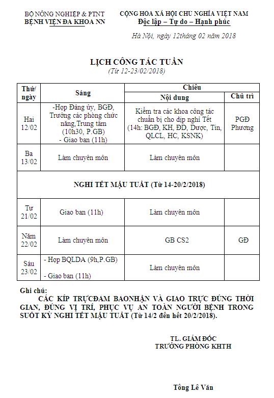 Lịch công tác tuần (từ ngày 12/02/2018 đến ngày 23/02/2018)