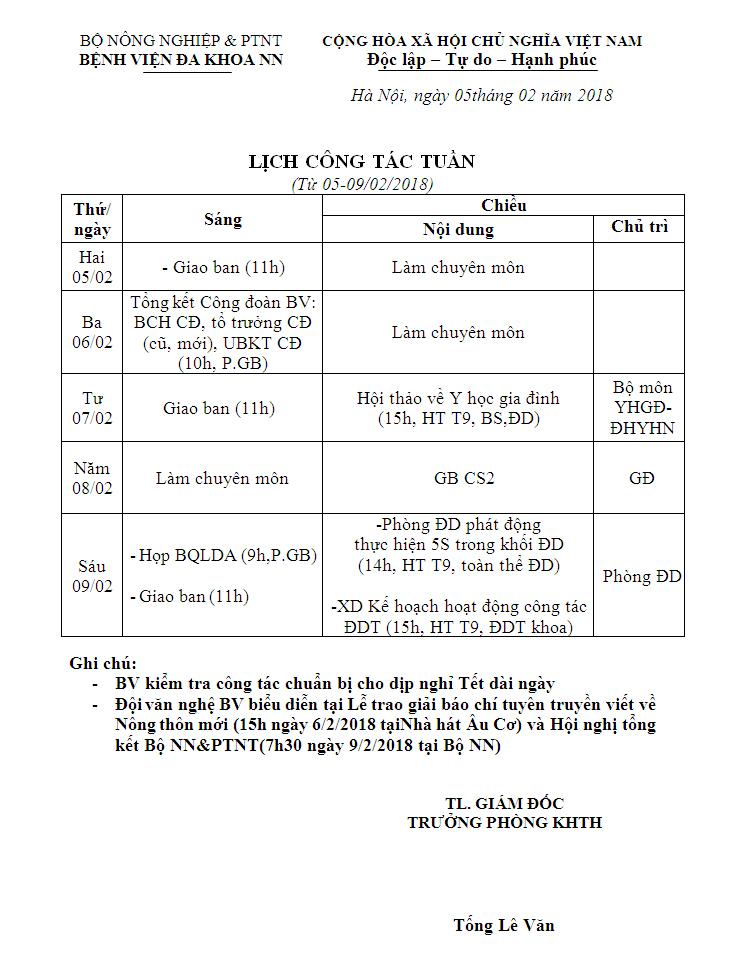 Lịch công tác tuần (từ ngày 05/2/2018 đến 09/2/2018)