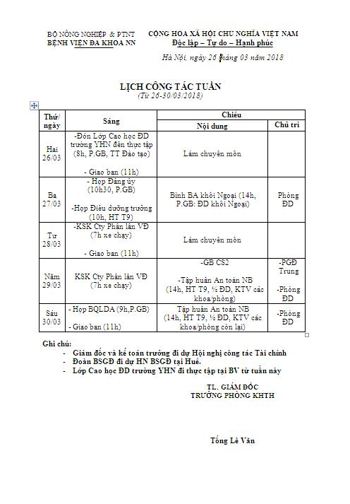 Lịch công tác tuần (từ 26/03/2018 đến 30/03/2018)