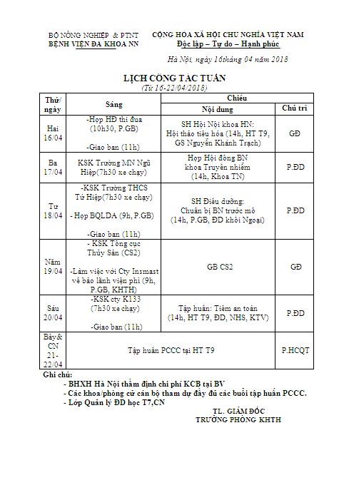 Lịch công tác tuần (từ ngày 16/04 đến ngày 22/04/2018)