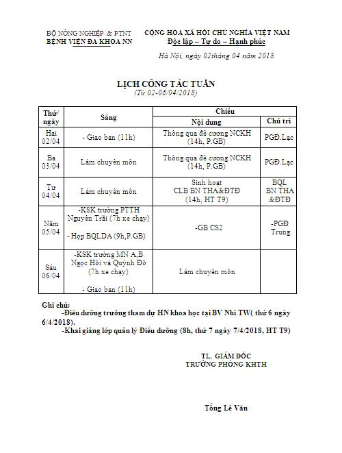 Lịch công tác tuần (từ 02/04/2018 đến 06/04/2018)