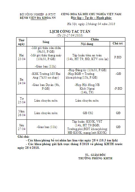 Lịch công tác tuần (từ ngày 23/04 đến ngày 27/04)