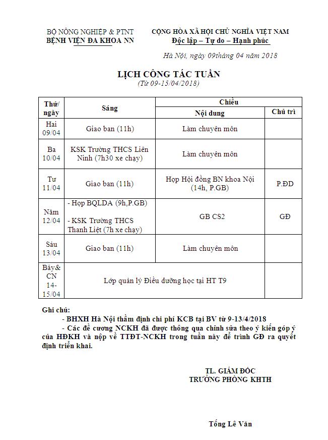 Lịch công tác tuần (từ ngày 09/04/2018 đến ngày 15/04/2016)