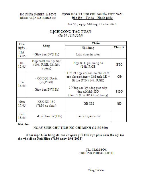 Lịch công tác tuần (từ 14-19/5/2018)