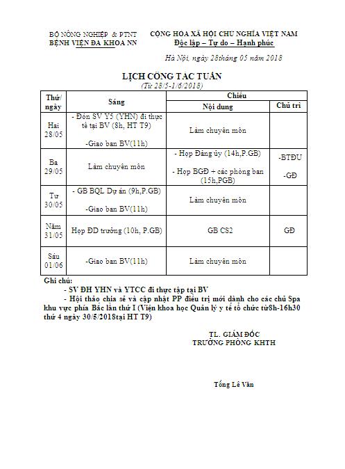 Lịch công tác tuần (từ ngày 28/5 – 01/6/2018)