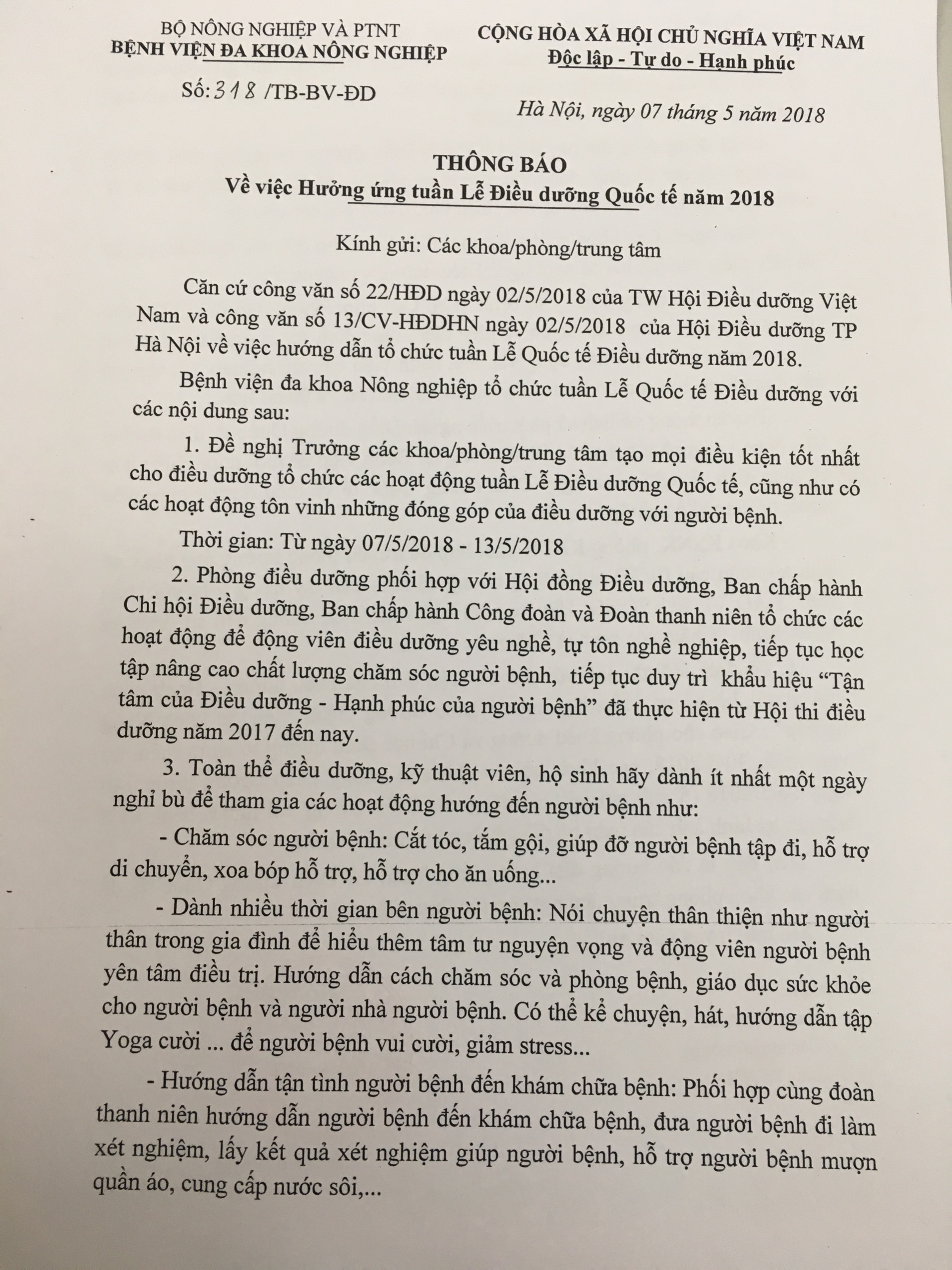 Thông báo về việc Hưởng ứng Tuần lễ Điều dưỡng Quốc tế năm 2018