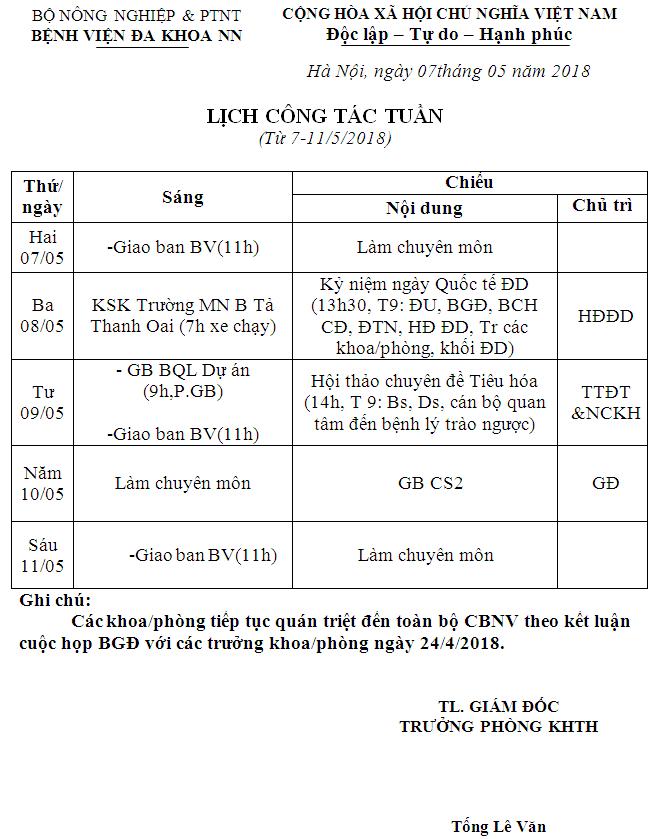 Lịch công tác tuần (từ ngày 07 đến 11/5/2018)