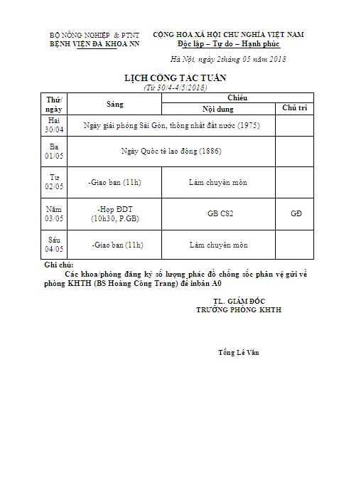 Lịch công tác tuần (từ ngày 30/4 đến ngày 4/5/2018)