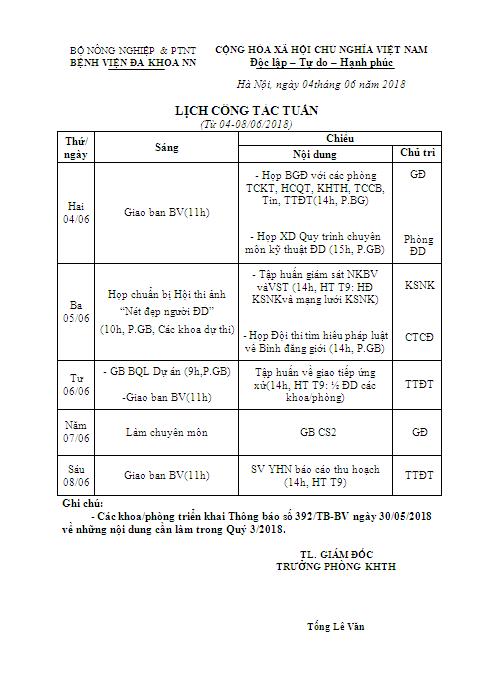 Lịch công tác tuần (từ ngày 04/06 đến 08/06/2018)