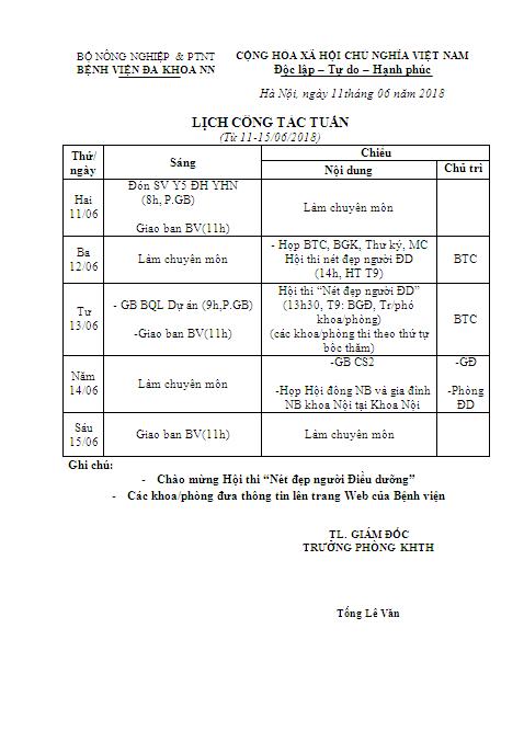 Lịch công tác tuần (từ ngày 11/6 đến ngày 15/6/2018)