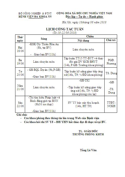 Lịch công tác tuần (từ ngày 18/06 đến ngày 22/06/2018)