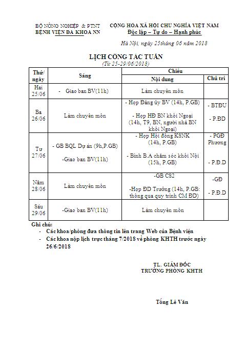 Lịch công tác tuần (từ ngày 25/6/2018 đến ngày 29/6/2018)