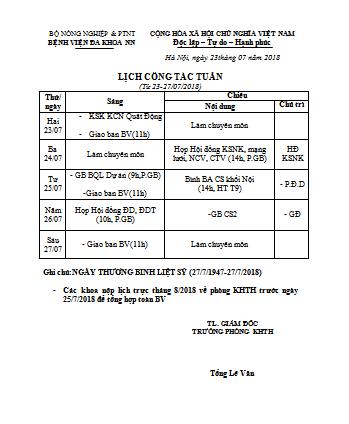 Lịch công tác tuần (từ ngày 23/7 đến ngày 27/7/2018)