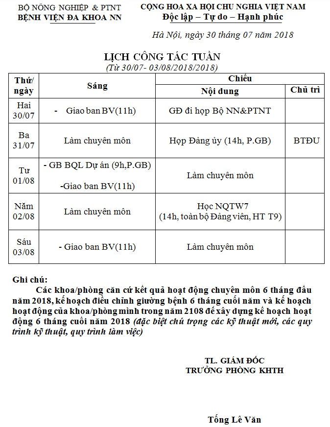 Lịch công tác tuần (từ ngày 30/7/2018 đến 03/8/2018)