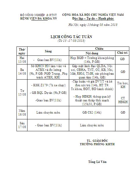 Lịch công tác tuần (từ ngày 13/8/2018 đến ngày 17/8/2018)