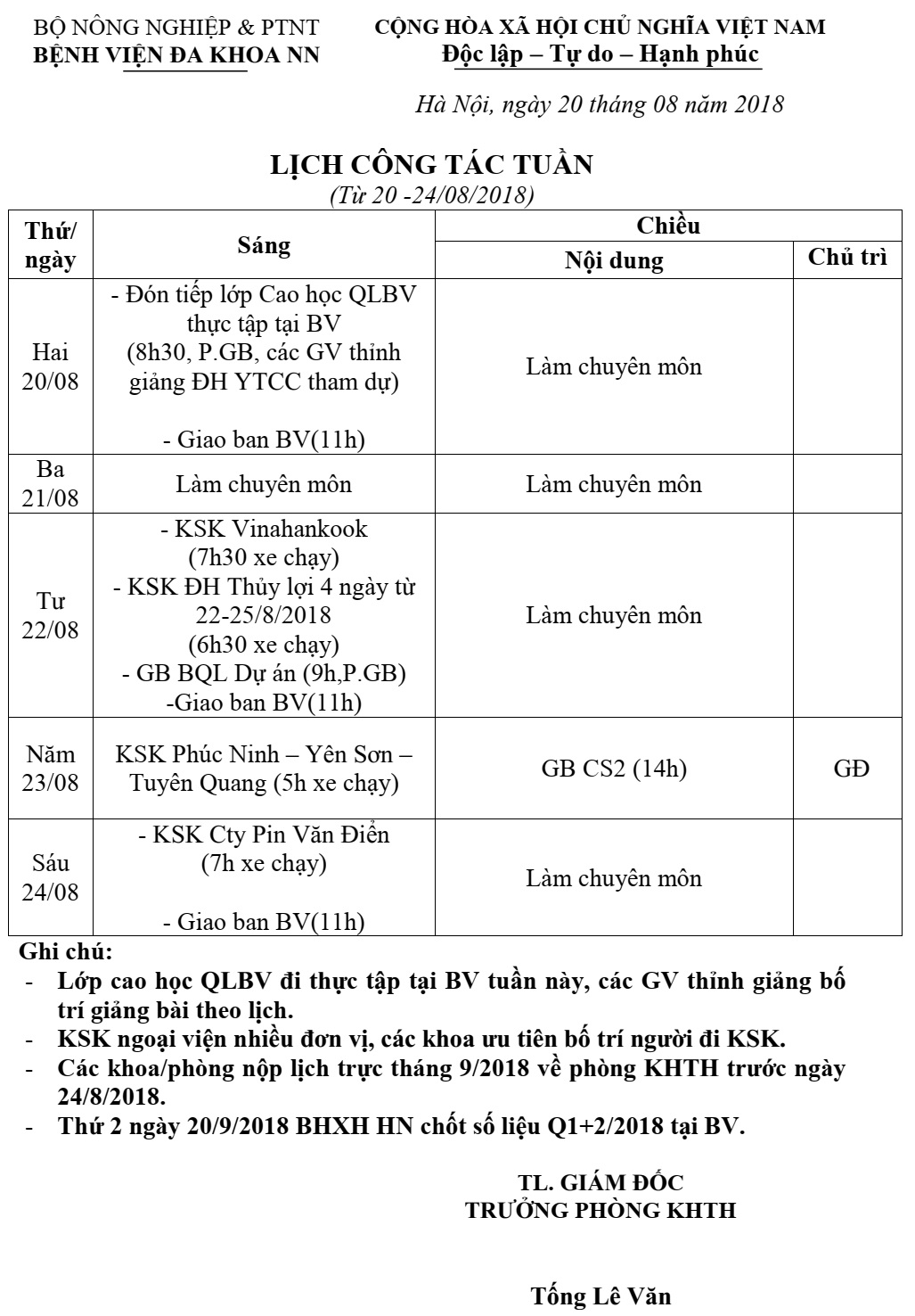 Lịch công tác tuần (từ ngày 20 đến 24/8/2018)