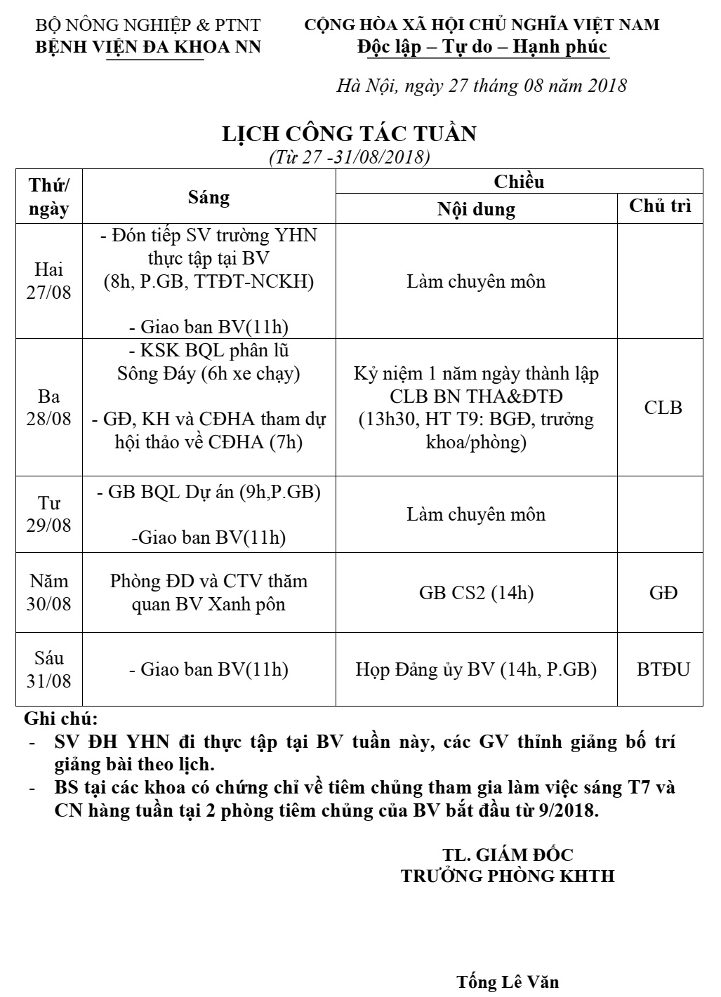 Lịch công tác tuần (từ ngày 27 đến 31/8/2018)