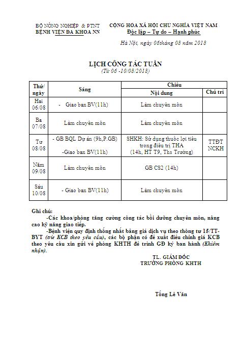 Lịch công tác tuần ( từ ngày 06/8/2018 đến 10/8/2018)