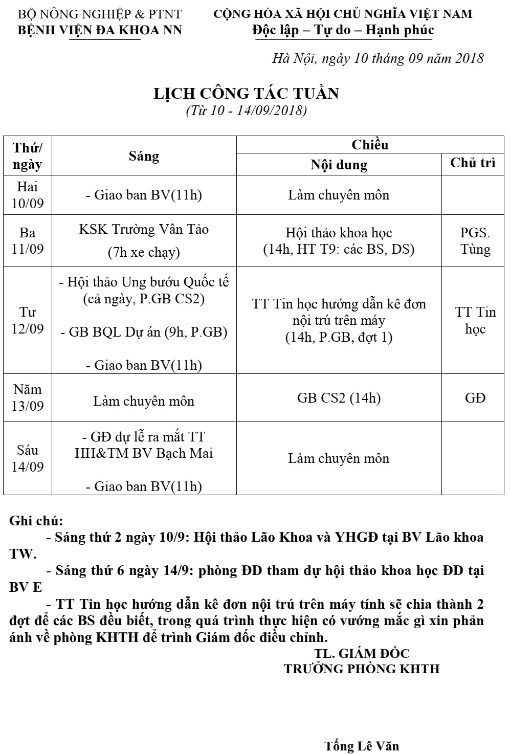 Lịch công tác tuần (từ ngày 10 đến 14/9/2018)