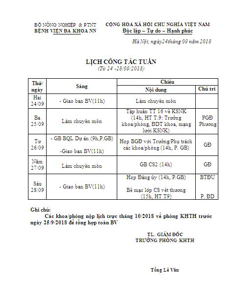 Lịch công tác tuần (từ ngày 24/4 đến ngày 29/9/2018)