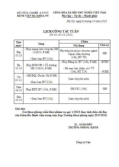 Lịch công tác tuần (từ 1/10 đến ngày 5/10/2018)